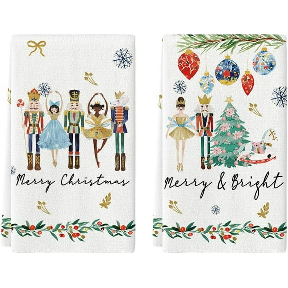SOME THING Nutcrackers Xmas Balls and Trees Merry Christmas Kitchen Towels Dish Towels, 18x26 Inch Snowflakes Decoration Hand Towels Set of 2