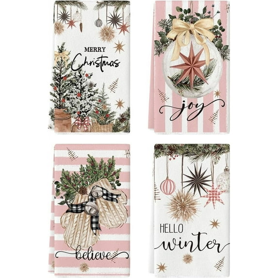 SOME THING Pink Xmas Tree Merry Christmas Kitchen Towels Dish Towels, 18x26 Inch Holiday Gloves Ball Hello Winter Decoration Hand Towels Set of 4