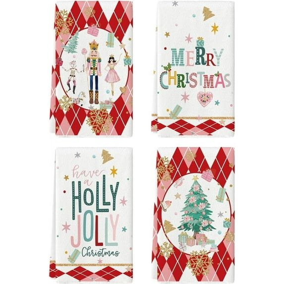 SOME THING Red Nutcrackers Tree Christmas Kitchen Towels Dish Towels, 18x26 Inch Snowflake Gift Box Winter Decoration Hand Towels Set of 4