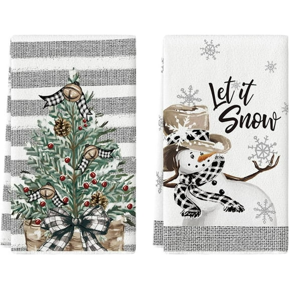 SOME THING Xmas Tree Snowman Winter Kitchen Towels Dish Towels, 18x26 Inch Holiday Let It Snow Christmas Decoration Hand Towels Set of 2