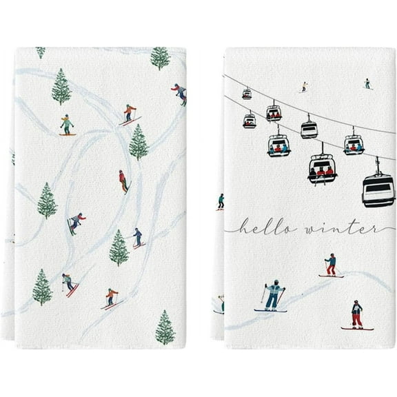 SOME THING Xmas Trees Ski Winter Kitchen Towels Dish Towels, 18x26 Inch Farmhouse Christmas Snow Decoration Hand Towels Set of 2