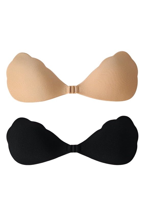 2 Pack Sticky Bra Invisible Push-Up Strapless Bra, Adhesive Bra Fan-Shaped for Weddings Parties (Skin and Black)