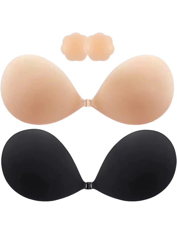 2 Pairs Sticky Bra, Backless Bra, Reusable Adhesive Bra, Strapless Bras for Women, Push up Sticky Bra for Backless Dress Top, Adhesive Invisible Lift Up Bras with Nipple Covers