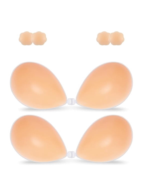 2 Pairs Sticky Bra Push Up Backless Bra Reusable with 2 Nipple Covers, Ultra Thin Strapless Bras for Women, Invisible Adhesive Bra Silicone