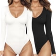 thumbnail image 1 of SOMER 2 Piece BodySuit Tummy Control Deep V Neck Long Sleeve Tops Black Bodysuit for Women Clothing(Black+White), 1 of 7
