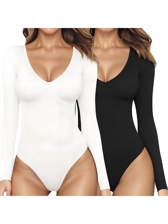 2 Piece BodySuit Tummy Control Deep V Neck Long Sleeve Tops Black Bodysuit for Women Clothing(Black+White)