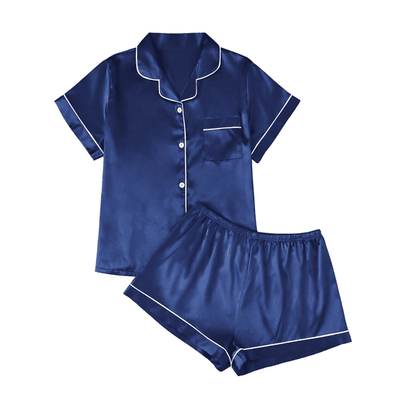 SOMER 2 Piece Pajama Set For Women Silk Satin Lounge Pjs Shorts Matching Summer Sleepwear Button Down Shirt Shorts Navy