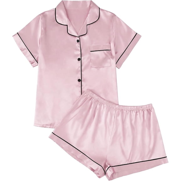 SOMER 2 Piece Pajama Set For Women Silk Satin Lounge Pjs Shorts Matching Summer Sleepwear Button Down Shirt Shorts Pink.