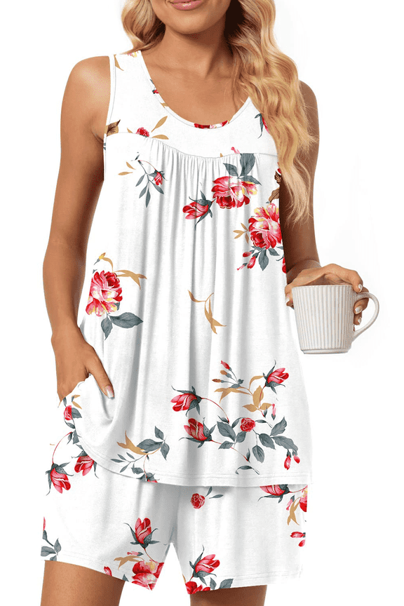 2 Piece Pajamas for Women Sleeveless Cotton Soft Lounge Set Lightweight Pj Set Cute Ladies Sleepwear Summer Set with Pockets