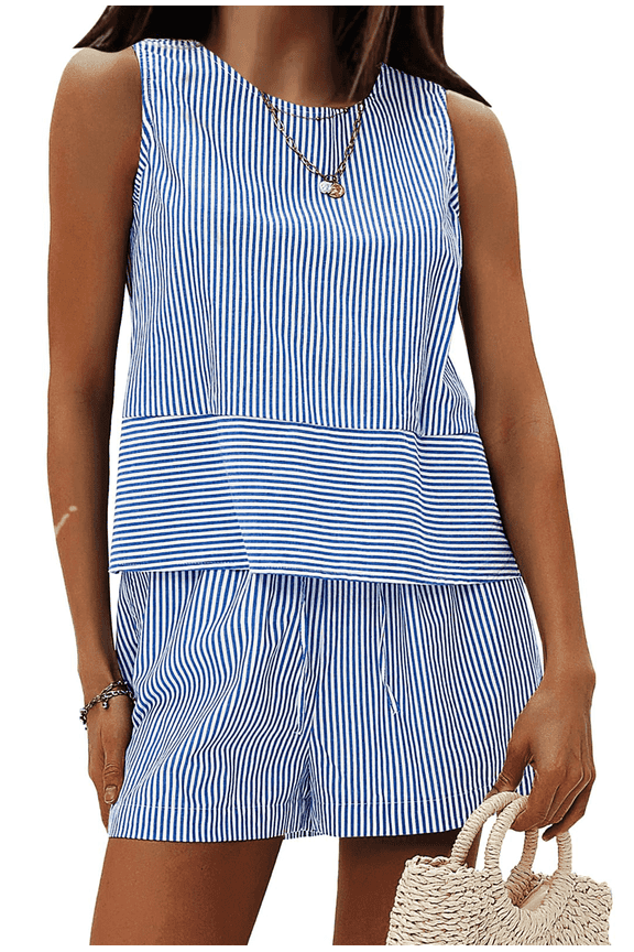 2 Piece Set for Women Striped Casual Outfit Set with Sleeveless Tank Top and Shorts,2026 Blue Summer Matching Set