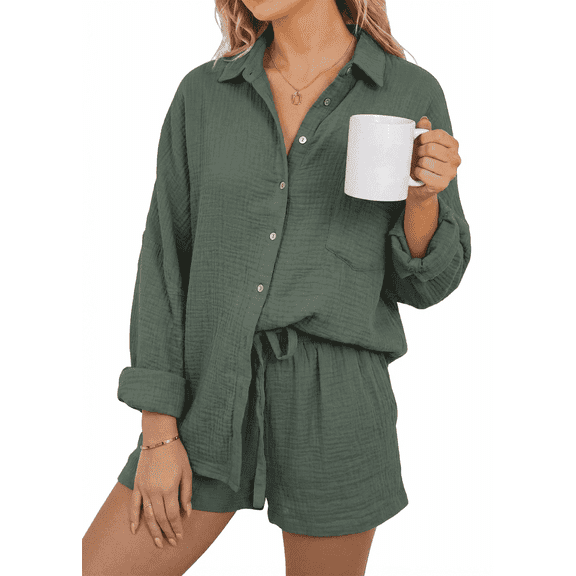 SOMER Women’s 2 Piece Pajama Set Button Down Long Sleeve Shirt and Shorts Matching Cotton Lounge Set Soft Loungewear Spring Summer 2026