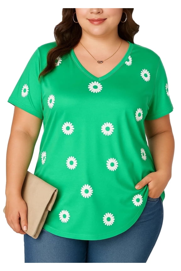 Women's Plus Size Tops Flower Printed V Neck Short Sleeve Casual Tops