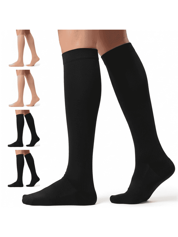 4 Pairs Knee High Socks for Women Cotton Knit Long Socks, 2 Pairs Black + 2 Pairs Nude