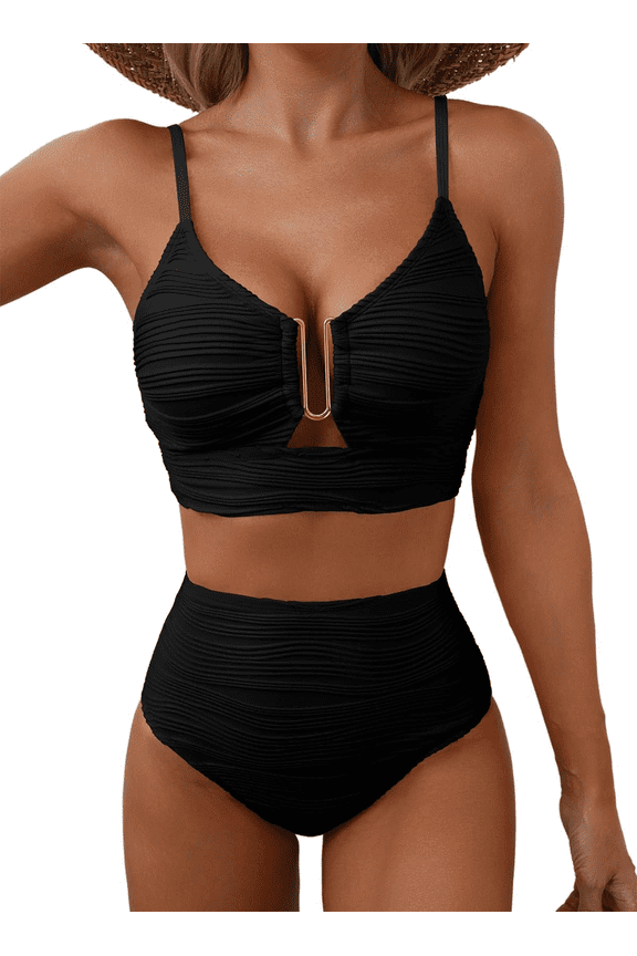 Bikini Sets for Women U-Wire Cutout High Waisted Two Piece Swimsuit  Tummy Control High Cut Bikini Bathing Suits Beach Sets Black