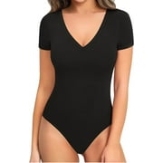 SOMER Body Suit Tummy Control Bodysuit Deep V Neck Short Sleeve Tops Black Bodysuits for Women Clothing