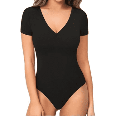 SOMER Body Suit Tummy Control Bodysuit Deep V Neck Short Sleeve Tops Black Bodysuits for Women Clothing