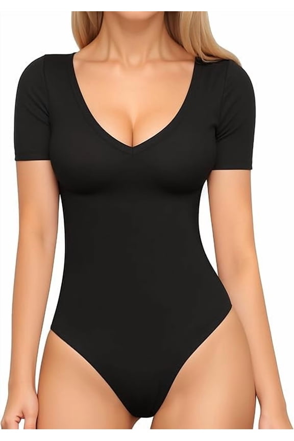 Body Suit Tummy Control Bodysuit Deep V Neck Short Sleeve Tops Black Bodysuits for Women Clothing
