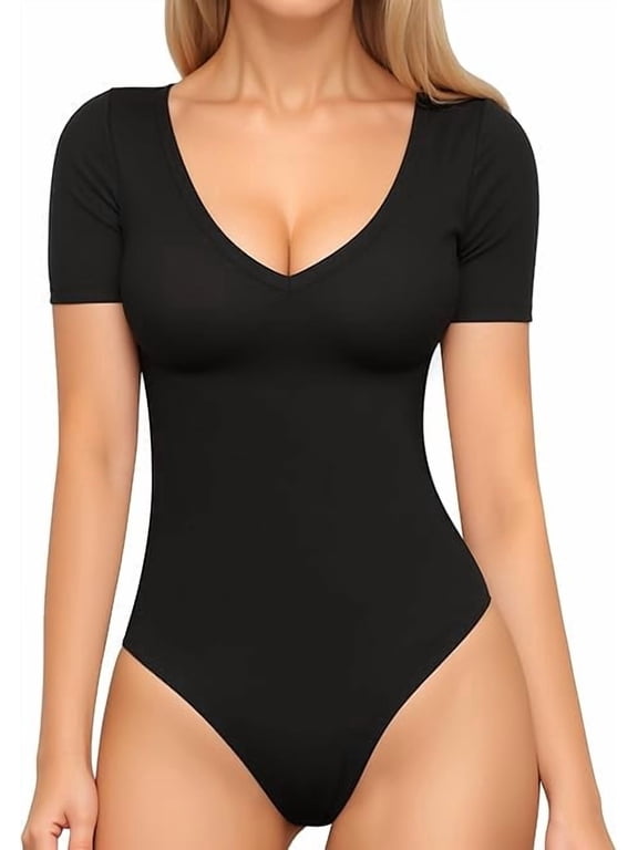 Body Suit Tummy Control Bodysuit Deep V Neck Short Sleeve Tops Black Bodysuits for Women Clothing