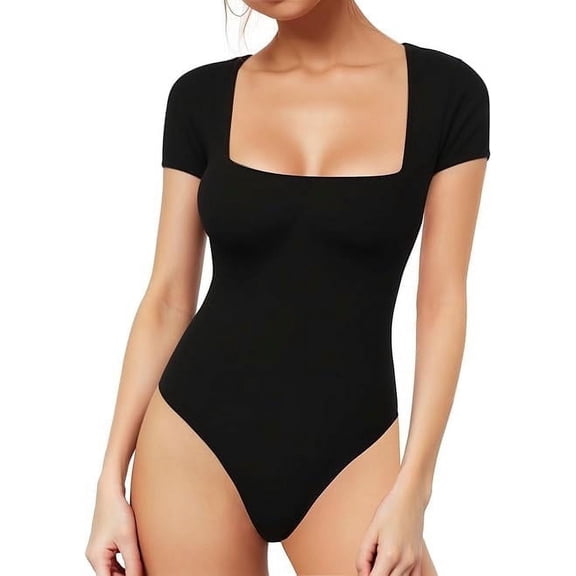 SOMER Women's Body Suit Tummy Control Short Sleeve Square Neck Slimming Black Bodysuit Top