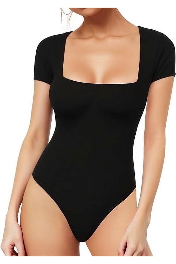 Women's Body Suit Tummy Control Short Sleeve Square Neck Slimming Black Bodysuit Top