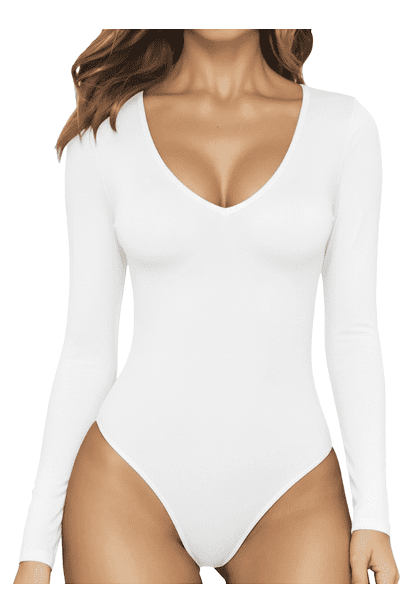 Bodysuit for Woman Tummy Control Deep V Neck Long Sleeve Tops White Bodysuit Women Clothing