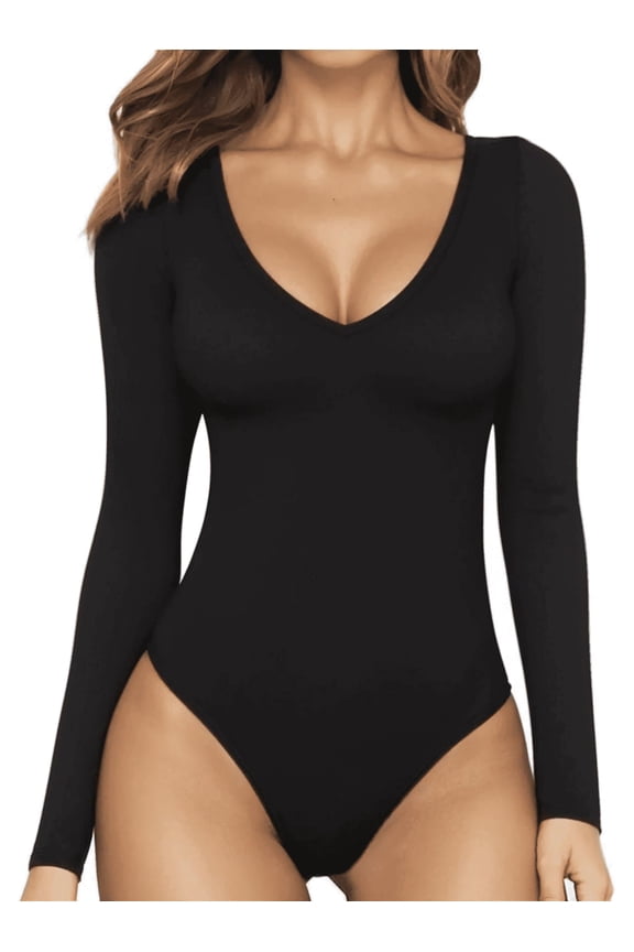 Body Suit Tummy Control Deep V Neck Long Sleeve Tops Black Bodysuit for Women Clothing