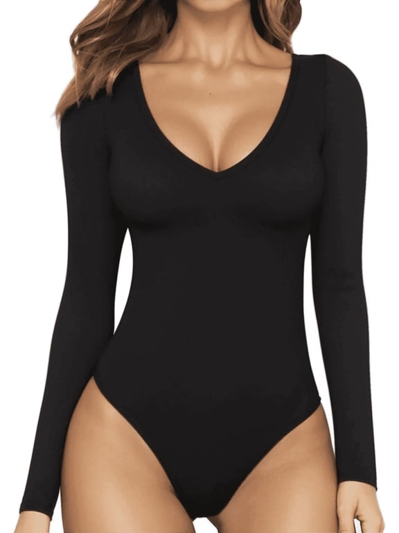 Body Suit Tummy Control Deep V Neck Long Sleeve Tops Black Bodysuit for Women Clothing