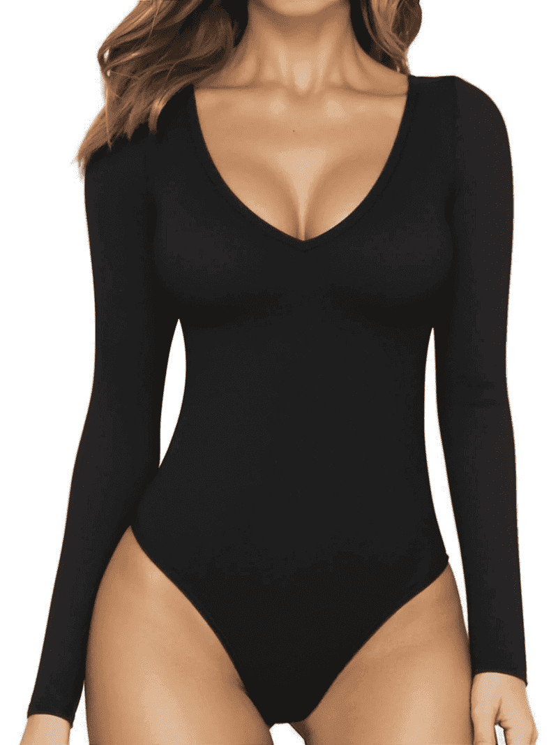 SOMER Women's Clubwear Bodysuit, Long Sleeve V Neck, Tummy