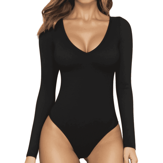 SOMER Body Suit Tummy Control Deep V Neck Long Sleeve Tops Black Bodysuit for Women Clothing