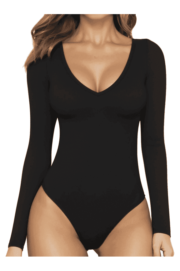 Body Suit Tummy Control Deep V Neck Long Sleeve Tops Black Bodysuit for Women Clothing