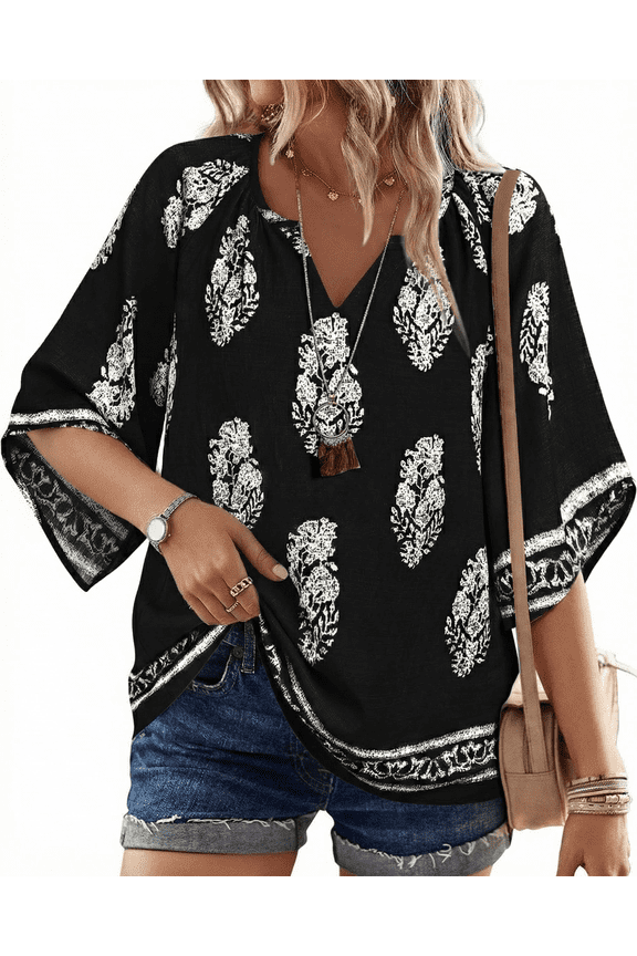 Boho Tops for Women 3/4 Sleeve V Neck Bohemian Blouses Casual Loose Fit Tunic Tops 2026