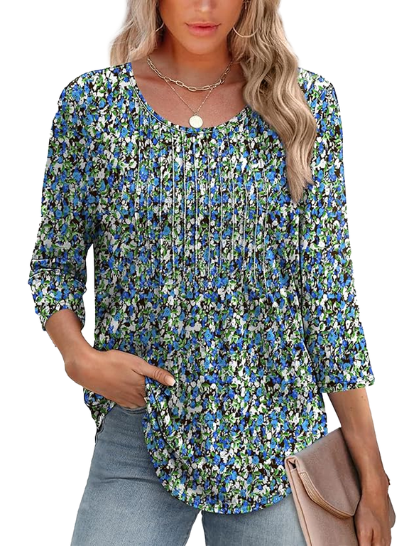 Boho Tops for Women Dressy Casual Blouses 3/4 Sleeve Crew Neck Floral Pleated Shirts for Going Out