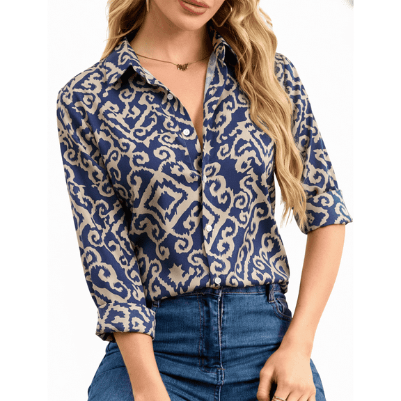 SOMER Button Down Shirts for Womens Tops Blouses for Women Dressy Casual Silky Printed Wrinkle-Resistant Long Sleeve Shirts Trendy Fashion Clothing