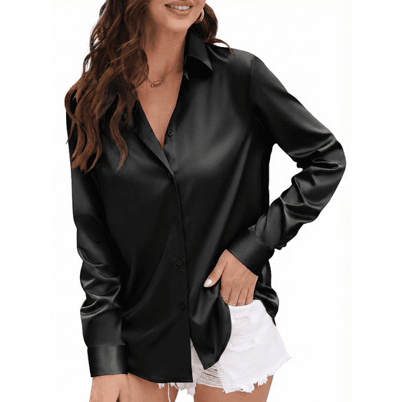 SOMER Button Down Shirts for Women Long Sleeve Work Shirt Soft Satin Silk Silky Dress Blouses Tops
