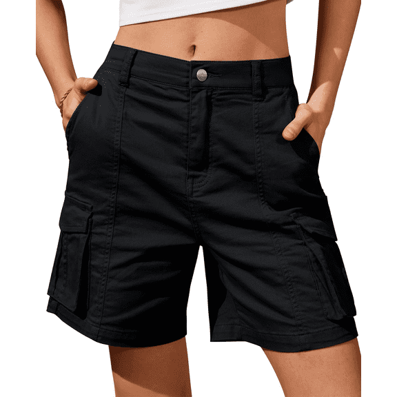SOMER Bermuda Shorts for Women Elastic Waist Cargo Shorts with 6 Pockets Black Shorts Women Hiking for Summer Casual