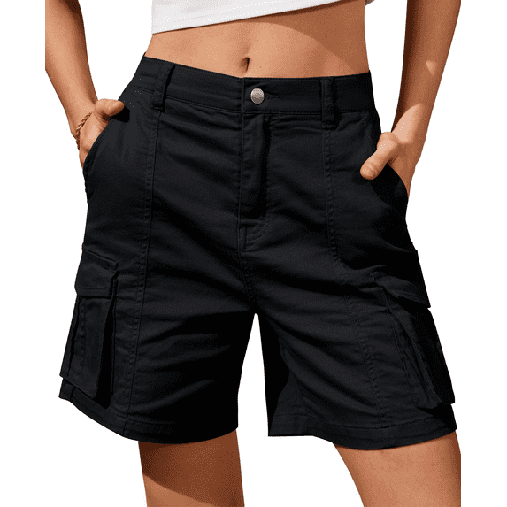 SOMER Bermuda Shorts for Women Elastic Waist Cargo Shorts with 6 Pockets Black Shorts Women Hiking for Summer Casual
