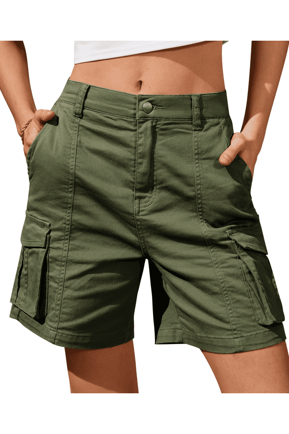 Bermuda Shorts for Women Elastic Waist Cargo Shorts with 6 Pockets Green Shorts Hiking for Summer Casual