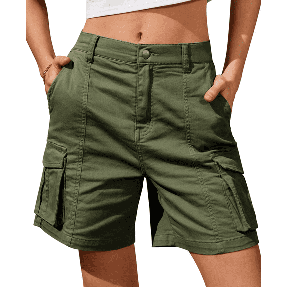 SOMER Bermuda Shorts for Women Elastic Waist Cargo Shorts with 6 Pockets Green Shorts Hiking for Summer Casual