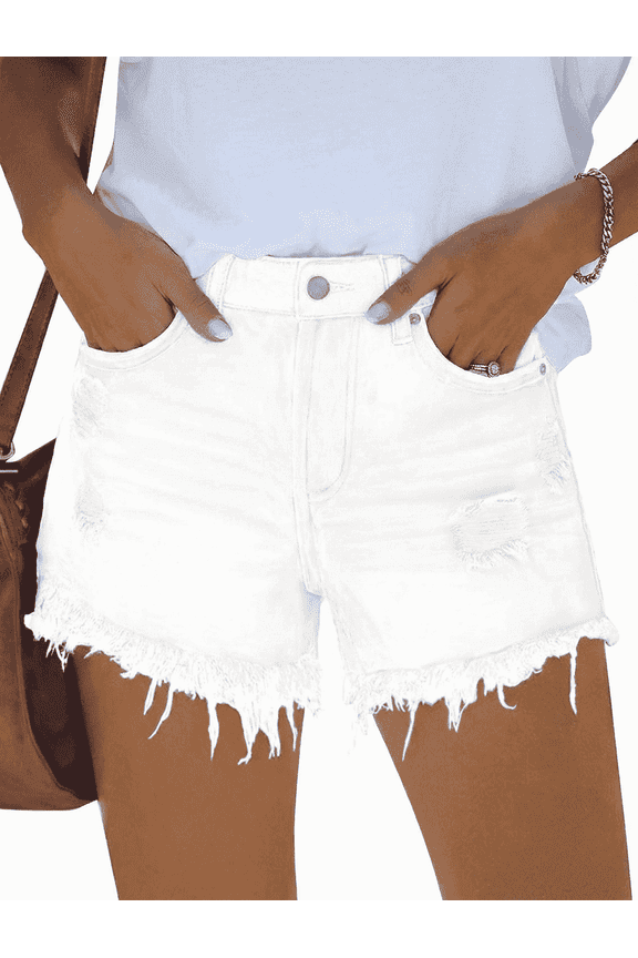 Womens Jean Shorts Denim Shorts Mid Waisted Frayed Hem Ripped White Summer Hot Short with Pockets Trendy Casual