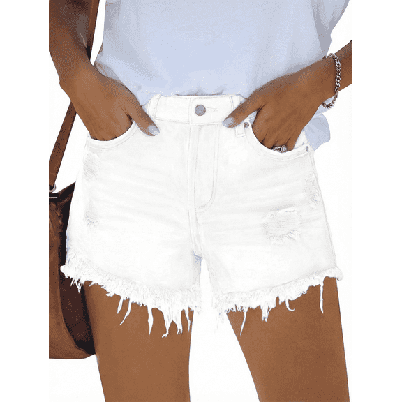 SOMER Womens Jean Shorts Denim Shorts Mid Waisted Frayed Hem Ripped White Summer Hot Short with Pockets Trendy Casual