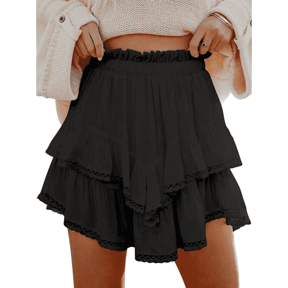 SOMER Womens Skorts Flowy Mini Ruffle Skort Boho Crochet Tiered Casual Summer Skirt with Shorts Underneath
