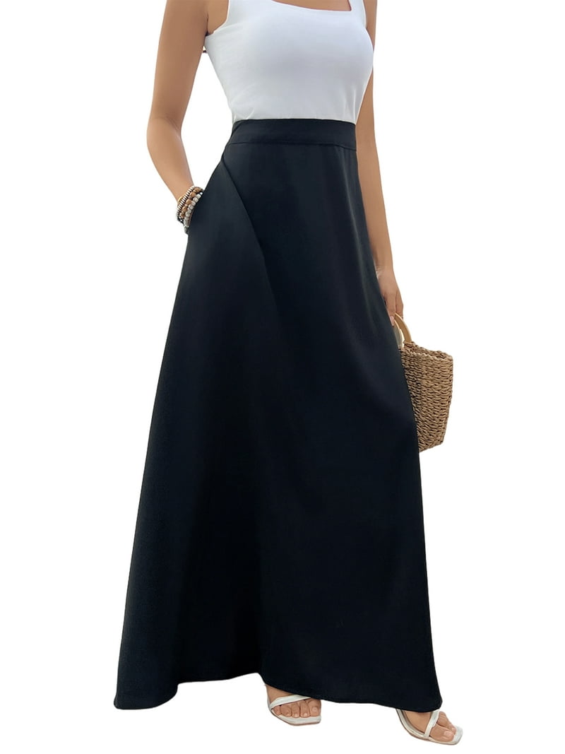 SOMER Women's Pleated Casual Maxi Skirt, Black, High Waist