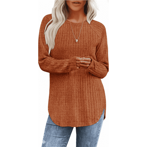 SOMER Long Sleeve Shirts for Women 2025 Fall Clothes Tunic Tops Loose Fit Dressy Crewneck Pullover Sweaters Curved Hem