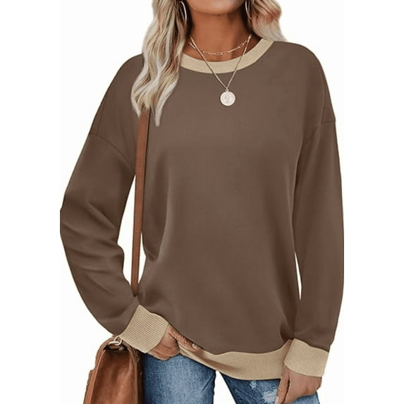 SOMER Long Sleeve Shirts for Women, Trendy Crew Neck Sweatshirt for Women, Cotton Cute Basic Tees for Women, Color Block Casual Womens Fall Tops Soft Comfy