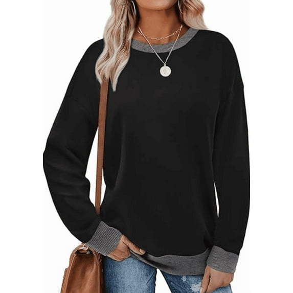 SOMER Long Sleeve Shirts for Women, Trendy Crew Neck Sweatshirt for Women, Cotton Cute Basic Tees for Women, Color Block Casual Womens Fall Tops Soft Comfy