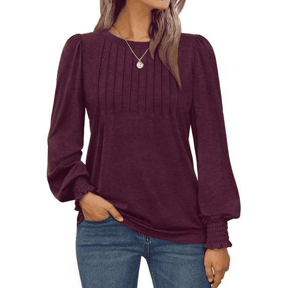 SOMER Womens Tops Long Sleeve Shirts Dressy Casual Blouse Pleated Puff Tunic Tops for Going Out,2025 Fall