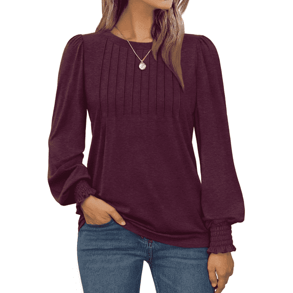 SOMER Womens Tops Long Sleeve Shirts Dressy Casual Blouse Pleated Puff Tunic Tops for Going Out, Fall