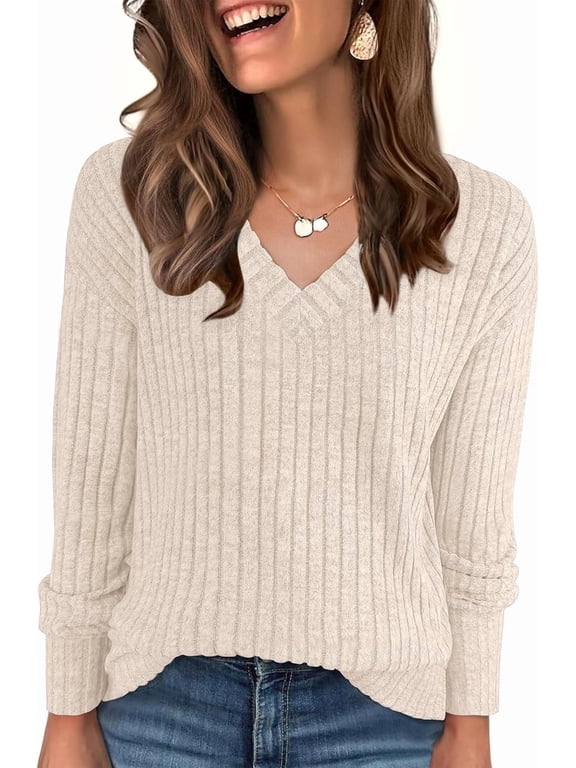 Long Sleeve Shirts for Women V Neck Casual Fall Tops Loose Fit Lightweight Sweaters Tunic Fashion 2026 Clothes Beige