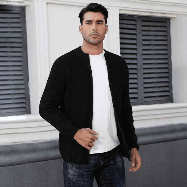 Somer Men s Cardigan Sweaters Jackets Full Zip Up Long Sleeve Slim Fit Knitted Lapel Casual Ribbed Sweater Size XL Black