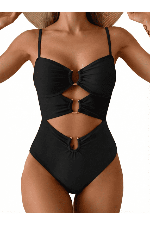 One Piece Swimsuit for Women Tummy Control Ring Linked Monokini Bathing Suit Cutout Swim Suit